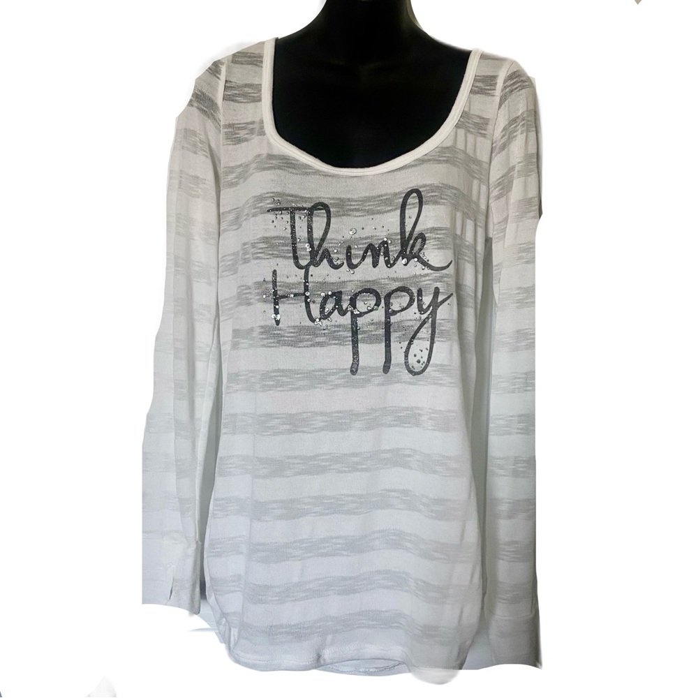 Maurices Think Happy Embellished Long Sleeve Heathered Stripe Tee Shirt M